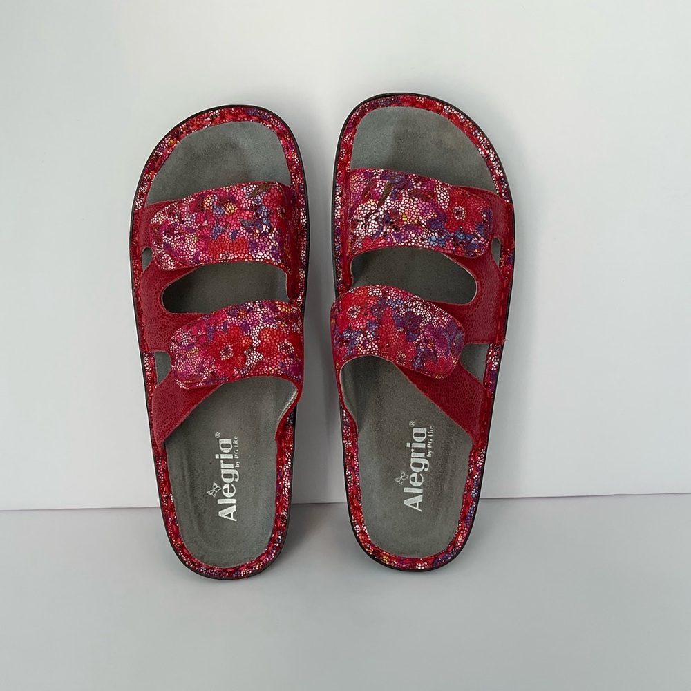 Algeria Elegant Red Floral Women's Leather Slide Sandals